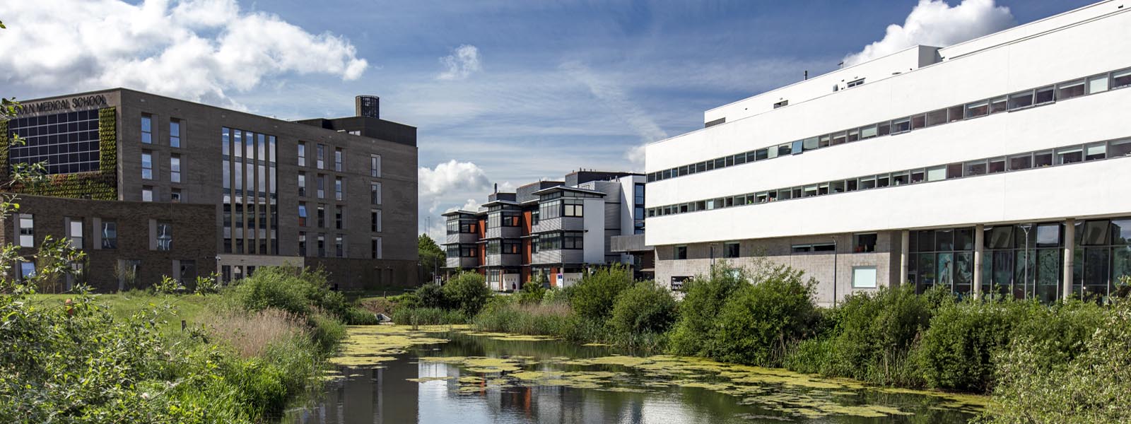Buildings on the University of Lincoln campus with a pond and landscaping in the foreground