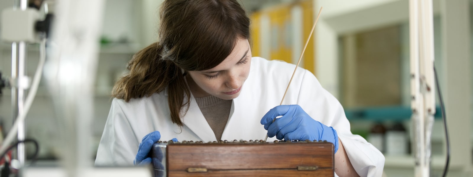 Female student wearing a white lab coat examining an ornate box in a laboratory